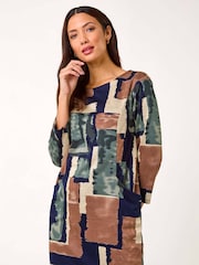 Roman Brown Geometric Print Pocket Shift Dress - Image 2 of 5