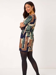 Roman Brown Geometric Print Pocket Shift Dress - Image 3 of 5