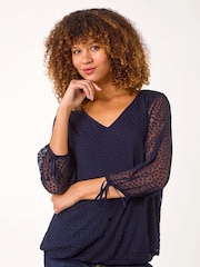 Roman Blue Burnout Print V-Neck Overlay Mesh Top - Image 1 of 5