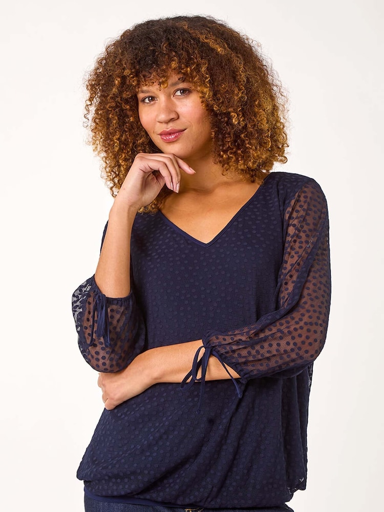 Roman Blue Burnout Print V-Neck Overlay Mesh Top - Image 1 of 5