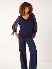 Roman Blue Burnout Print V-Neck Overlay Mesh Top - Image 2 of 5