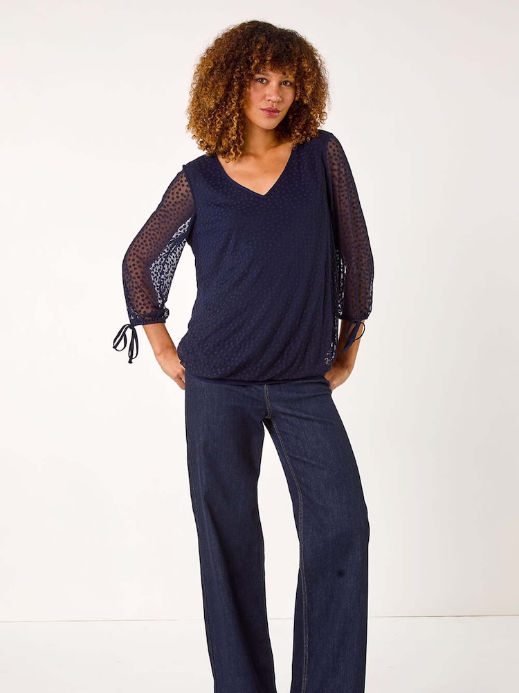 Roman Blue Burnout Print V-Neck Overlay Mesh Top - Image 2 of 5