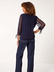 Roman Blue Burnout Print V-Neck Overlay Mesh Top - Image 3 of 5