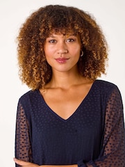 Roman Blue Burnout Print V-Neck Overlay Mesh Top - Image 4 of 5