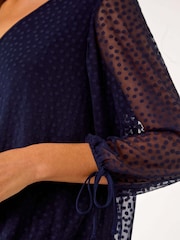Roman Blue Burnout Print V-Neck Overlay Mesh Top - Image 5 of 5