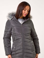 Roman Grey Faux Fur Hooded Quilt Coat - Image 1 of 5