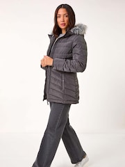 Roman Grey Faux Fur Hooded Quilt Coat - Image 3 of 5