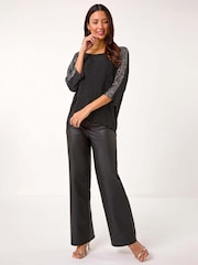 Roman Metallic Sequin Detail Stretch Tunic Top - Image 1 of 5