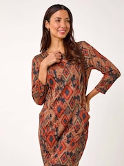 Roman Brown Print Pocket Shift Stretch Dress - Image 2 of 5