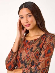 Roman Brown Print Pocket Shift Stretch Dress - Image 4 of 5