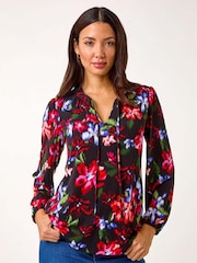 Roman Red Floral Print Tie Neck Stretch Top - Image 1 of 5