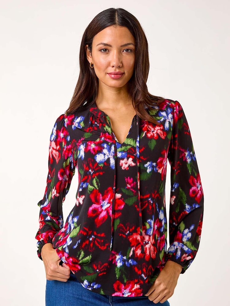 Roman Red Floral Print Tie Neck Stretch Top - Image 1 of 5