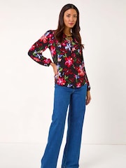 Roman Red Floral Print Tie Neck Stretch Top - Image 2 of 5