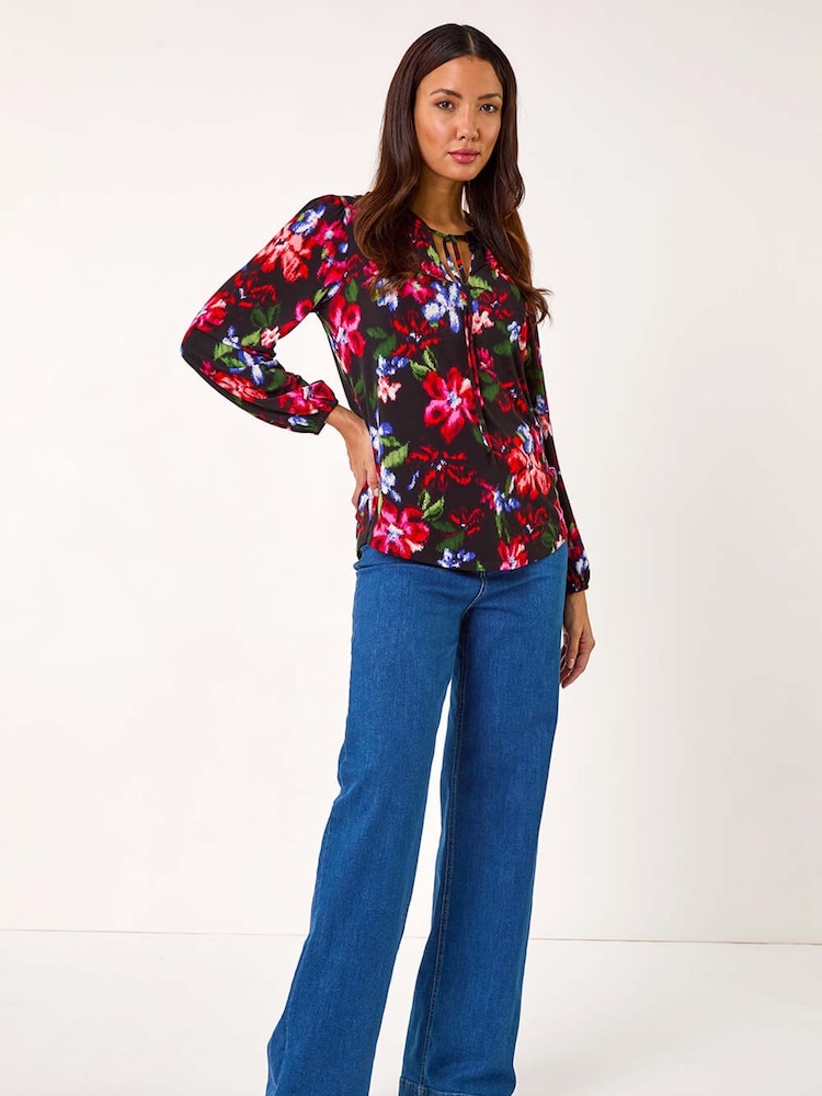 Roman Red Floral Print Tie Neck Stretch Top - Image 2 of 5