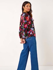 Roman Red Floral Print Tie Neck Stretch Top - Image 3 of 5