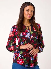 Roman Red Floral Print Tie Neck Stretch Top - Image 4 of 5