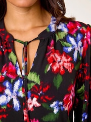 Roman Red Floral Print Tie Neck Stretch Top - Image 5 of 5