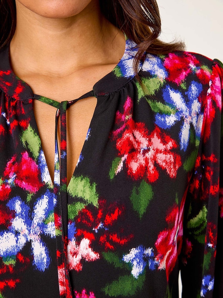 Roman Red Floral Print Tie Neck Stretch Top - Image 5 of 5