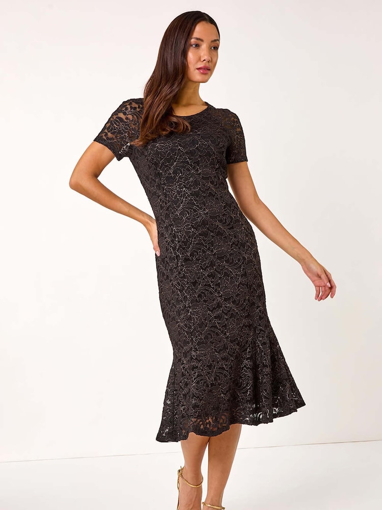 Roman Metallic Lace Detail Stretch Midi Dress - Image 1 of 5