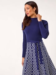 Roman Blue Contrast Skirt Ribbed Jumper Dress - Image 1 of 5