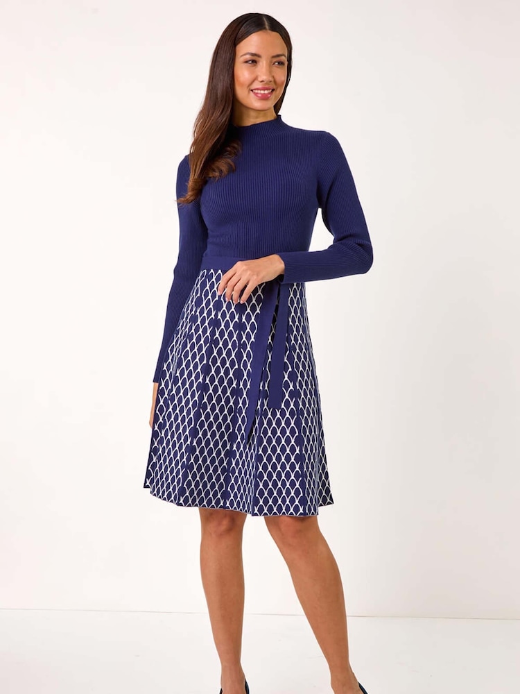 Roman Blue Contrast Skirt Ribbed Jumper Dress - Image 2 of 5