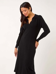 Roman Black Scallop Detail Knitted Midi Dress - Image 2 of 5