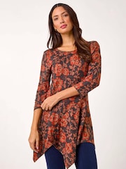 Roman Orange Floral Print Hanky Hem Tunic Top - Image 1 of 5