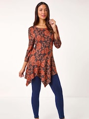 Roman Orange Floral Print Hanky Hem Tunic Top - Image 2 of 5
