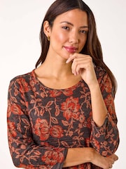 Roman Orange Floral Print Hanky Hem Tunic Top - Image 4 of 5