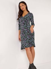 Roman Black Floral Print Side Button Stretch Dress - Image 1 of 5