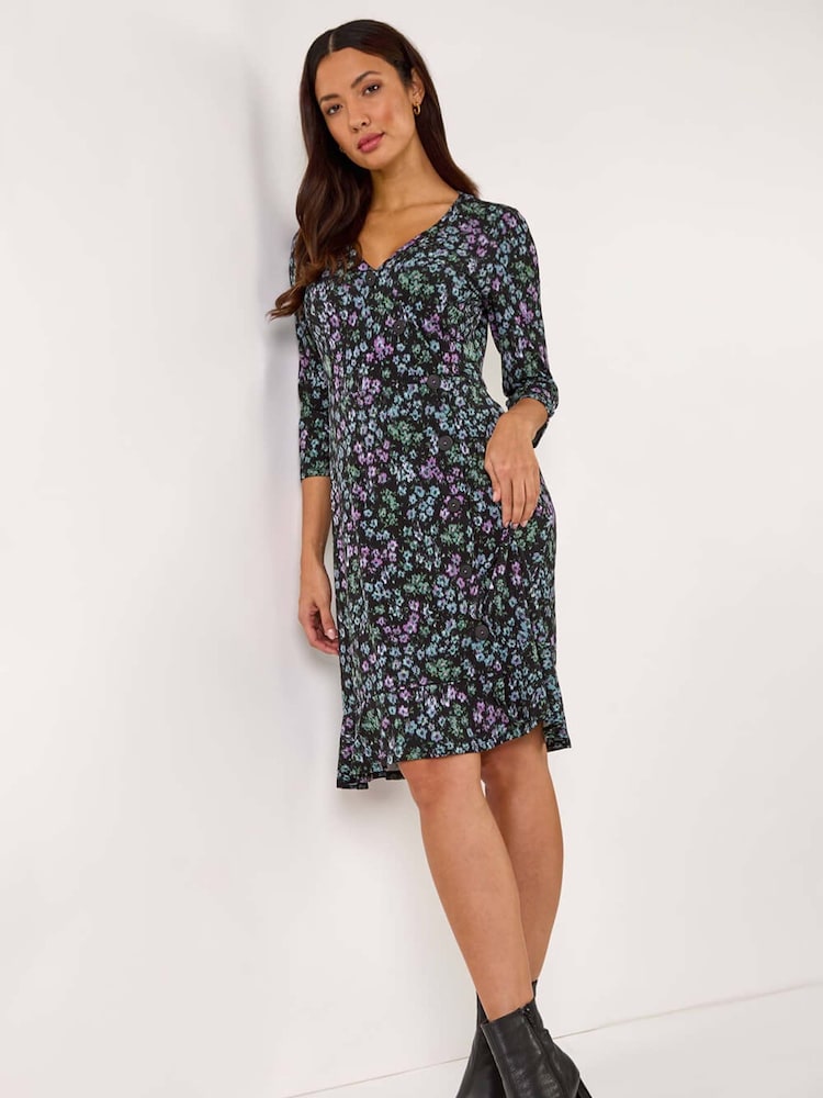 Roman Black Floral Print Side Button Stretch Dress - Image 1 of 5