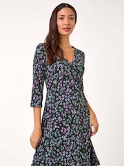 Roman Black Floral Print Side Button Stretch Dress - Image 2 of 5