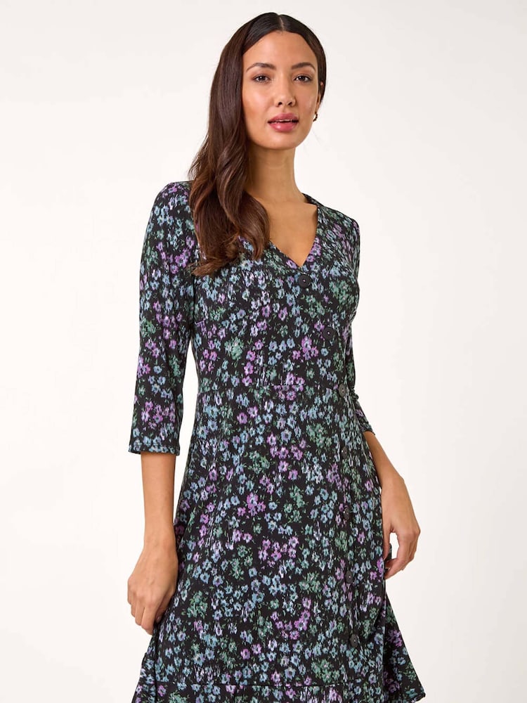 Roman Black Floral Print Side Button Stretch Dress - Image 2 of 5