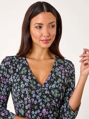 Roman Black Floral Print Side Button Stretch Dress - Image 4 of 5