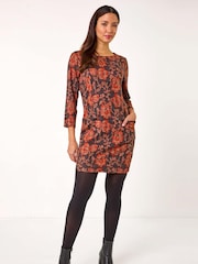 Roman Orange Floral Leaf Pocket Detail Shift Dress - Image 2 of 5
