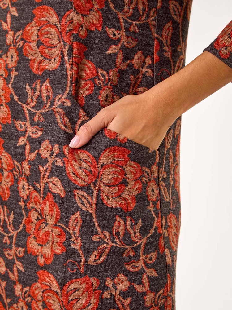 Roman Orange Floral Leaf Pocket Detail Shift Dress - Image 5 of 5
