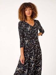 Roman Black Confetti Print Twist Midi Dress - Image 1 of 5