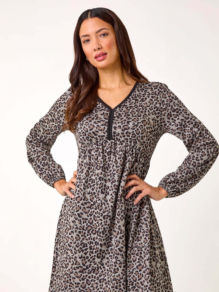 Roman Natural Animal Print V-Neck Stretch Dress - Image 1 of 5