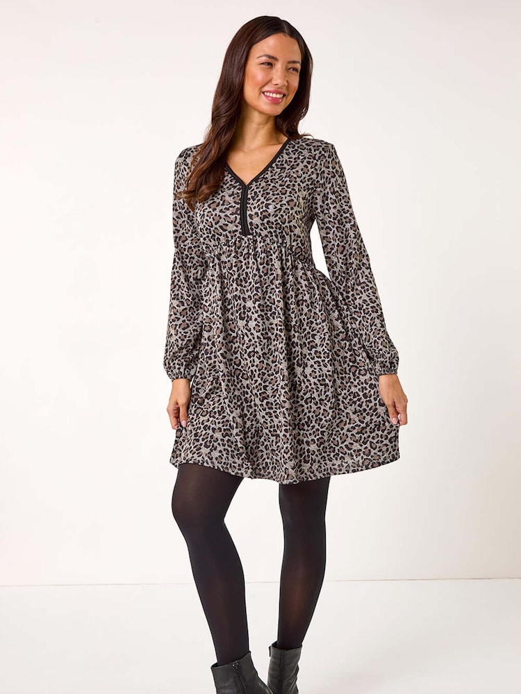 Roman Natural Animal Print V-Neck Stretch Dress - Image 2 of 5