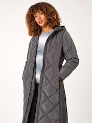 Roman Grey Longline Diamond Quilt Hooded Coat - Image 1 of 5