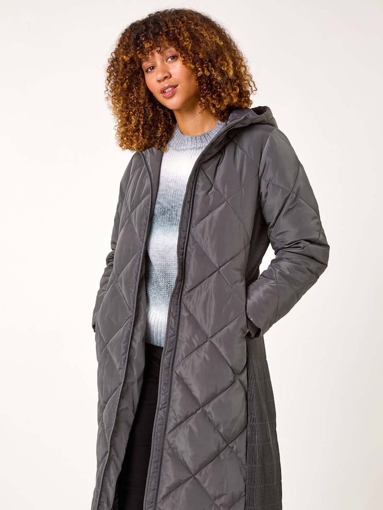 Roman Grey Longline Diamond Quilt Hooded Coat - Image 1 of 5