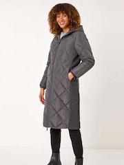 Roman Grey Longline Diamond Quilt Hooded Coat - Image 2 of 5