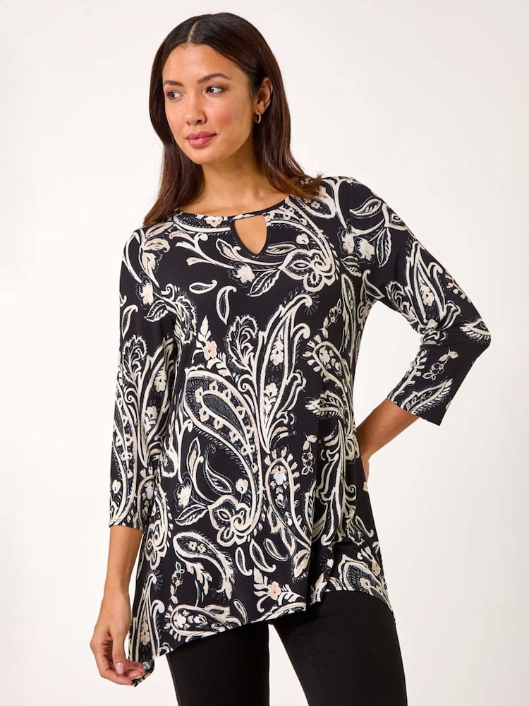 Roman Black Paisley Print Keyhole Top - Image 1 of 5