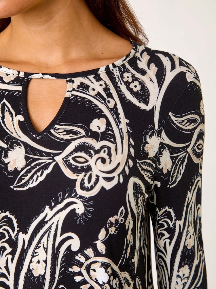 Roman Black Paisley Print Keyhole Top - Image 5 of 5