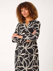 Roman Brown Leaf Print Cocoon Stretch Dress - Image 1 of 5