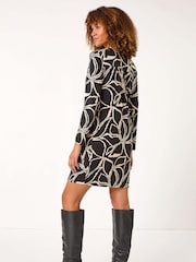 Roman Brown Leaf Print Cocoon Stretch Dress - Image 3 of 5