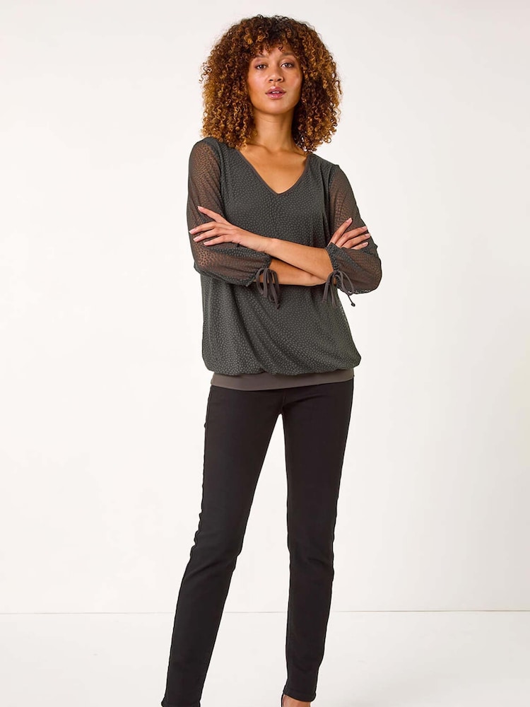 Roman Green Burnout Print V-Neck Overlay Mesh Top - Image 1 of 5 Roman Green Burnout Print V-Neck Overlay Mesh Top - Image 1 of 5