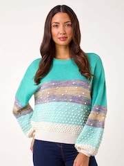 Niebieski - Teksturowany sweter dzianinowy Roman z okrągłym dekoltem i pomponami - Image 3 of 5