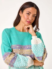 Niebieski - Teksturowany sweter dzianinowy Roman z okrągłym dekoltem i pomponami - Image 4 of 5