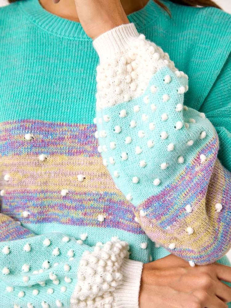 Niebieski - Teksturowany sweter dzianinowy Roman z okrągłym dekoltem i pomponami - Image 5 of 5